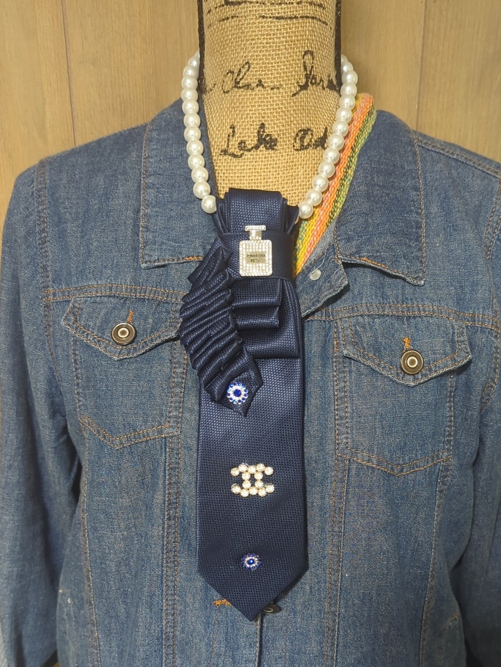Navy Decorative Tie Necklace with Pearl Accents